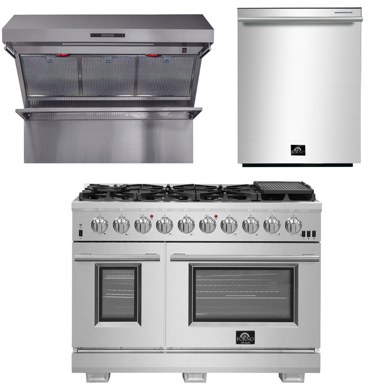 Forno Appliance Package - 48 Inch Pro Gas Range, Wall Mount Range Hood, Dishwasher, AP-FFSGS6260-48-2