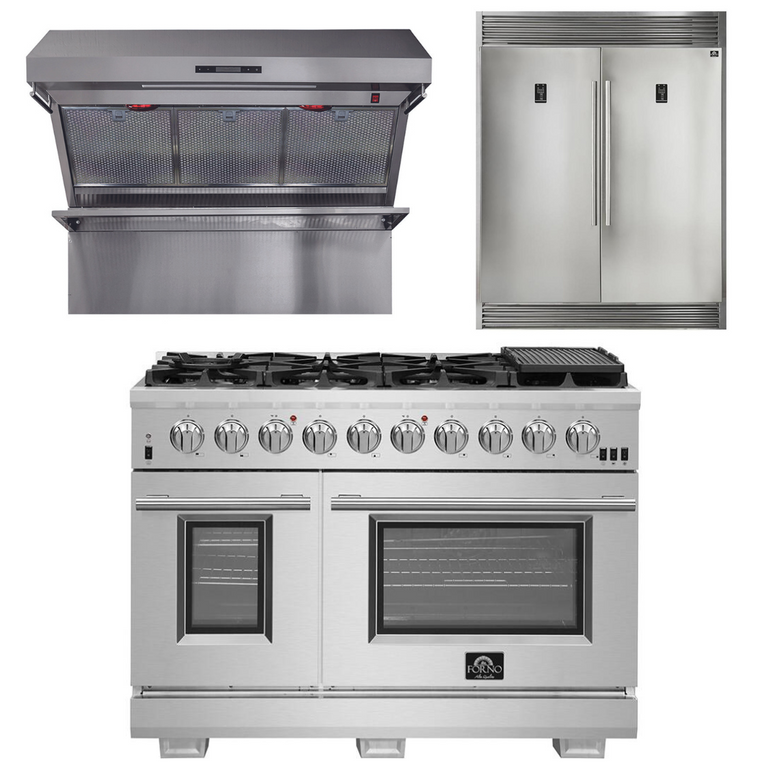 Forno Appliance Package - 48 Inch Pro Gas Range, Wall Mount Range Hood, Refrigerator, AP-FFSGS6260-48-4