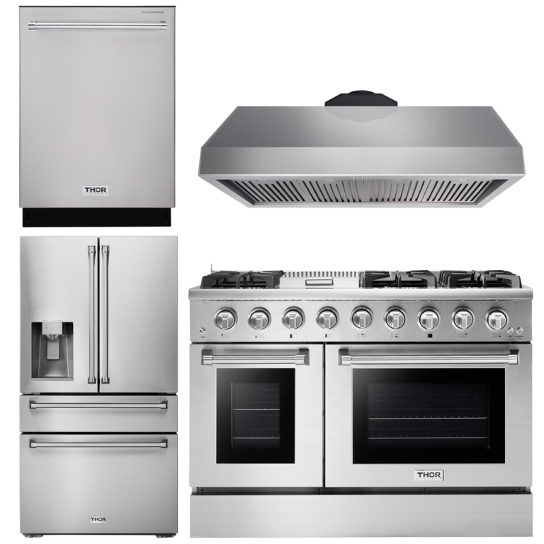 Thor Kitchen Package - 48" Propane Gas Range, Range Hood, Refrigerator with Water and Ice Dispenser, Dishwasher, AP-HRG4808ULP-10