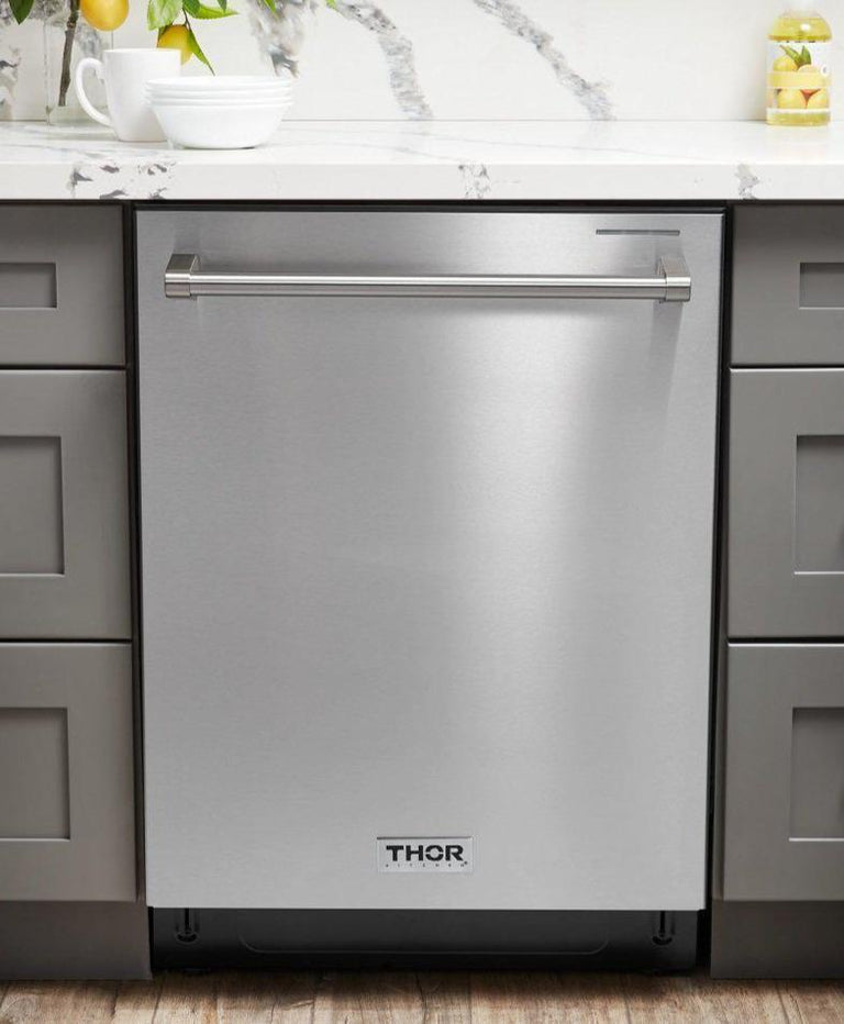 Thor Kitchen Package - 30" Gas Range, Range Hood, Microwave, Refrigerator with Water and Ice Dispenser, Dishwasher