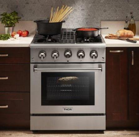 Thor Kitchen Appliance Package - 30 in. Gas Burner/Electric Oven Range, Range Hood, Microwave Drawer, Refrigerator, Dishwasher, Wine Cooler, AP-HRD3088U-8