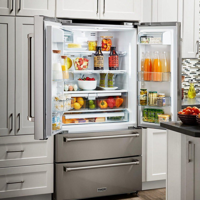 Thor Kitchen Appliance Package - 36 in. Gas Burner/Electric Oven Range, Range Hood, Refrigerator, Dishwasher, Wine Cooler, AP-HRD3606U-4