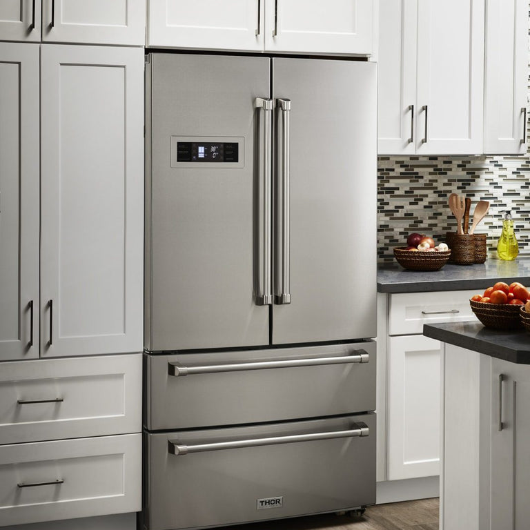 Thor Kitchen Appliance Package - 36 in. Natural Gas Range, Range Hood, Refrigerator, Dishwasher & Wine Cooler, AP-HRG3618U-4