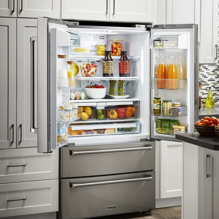 Thor Kitchen Appliance Package - 36 in. Natural Gas Range, Range Hood, Refrigerator, Dishwasher & Wine Cooler, AP-HRG3618U-4
