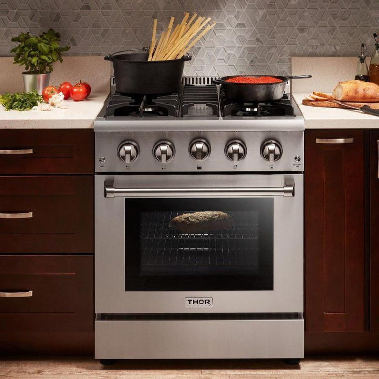 Thor Kitchen Appliance Package - 30 in. Professional Propane Gas Range, Range Hood, Microwave Drawer, Refrigerator, Dishwasher & Wine Cooler, AP-HRG3080ULP-8