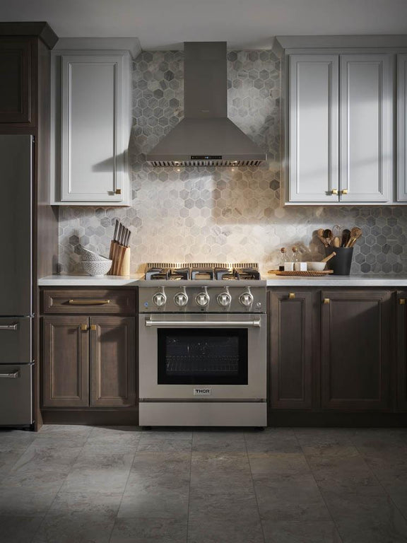 Thor Kitchen Appliance Package - 30 in. Professional Propane Gas Range, Range Hood, Microwave Drawer, Refrigerator, Dishwasher & Wine Cooler, AP-HRG3080ULP-8