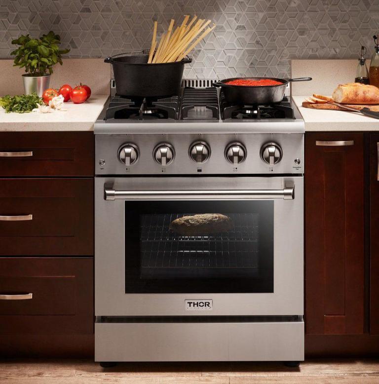 Thor Kitchen Package - 30" Gas Range, Range Hood, Refrigerator with Water and Ice Dispenser, Dishwasher, AP-HRG3080U-W-7