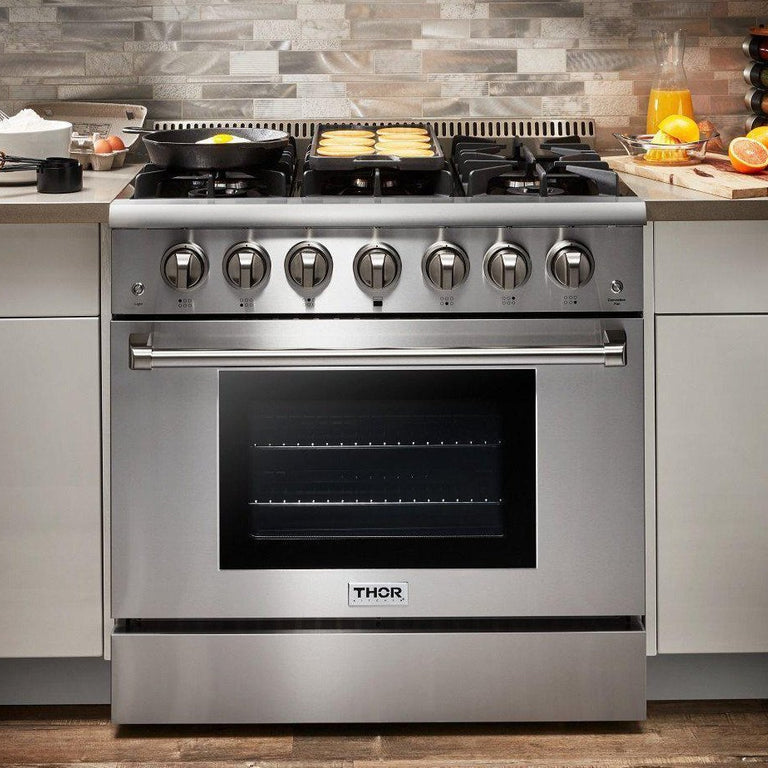 Thor Kitchen Appliance Package - 36 in. Natural Gas Range, Range Hood, Refrigerator, Dishwasher & Wine Cooler, AP-HRG3618U-4