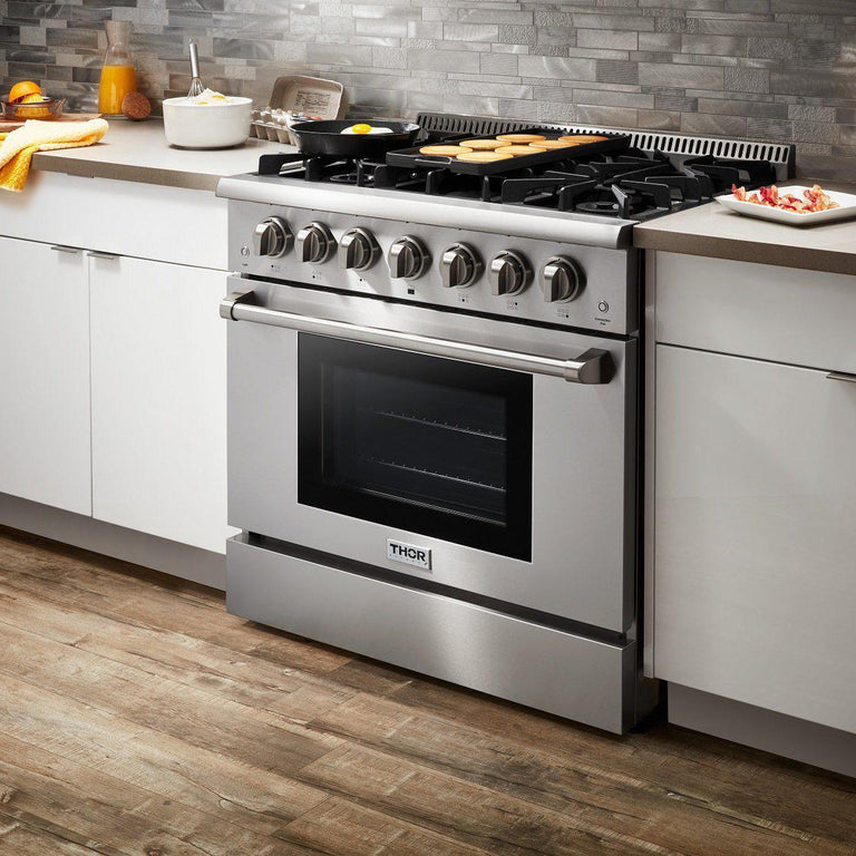 Thor Kitchen Appliance Package - 36 in. Natural Gas Range, Range Hood, Refrigerator, Dishwasher & Wine Cooler, AP-HRG3618U-4