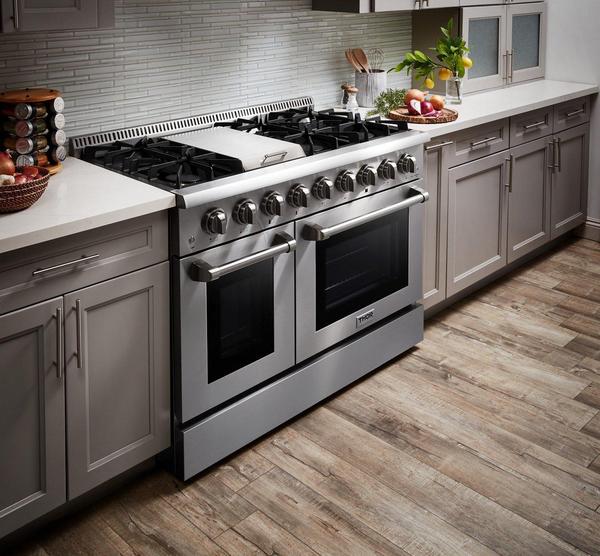 Thor Kitchen Package - 48" Propane Gas Range, Refrigerator with Water and Ice Dispenser, Dishwasher, Microwave, AP-HRG4808ULP-12