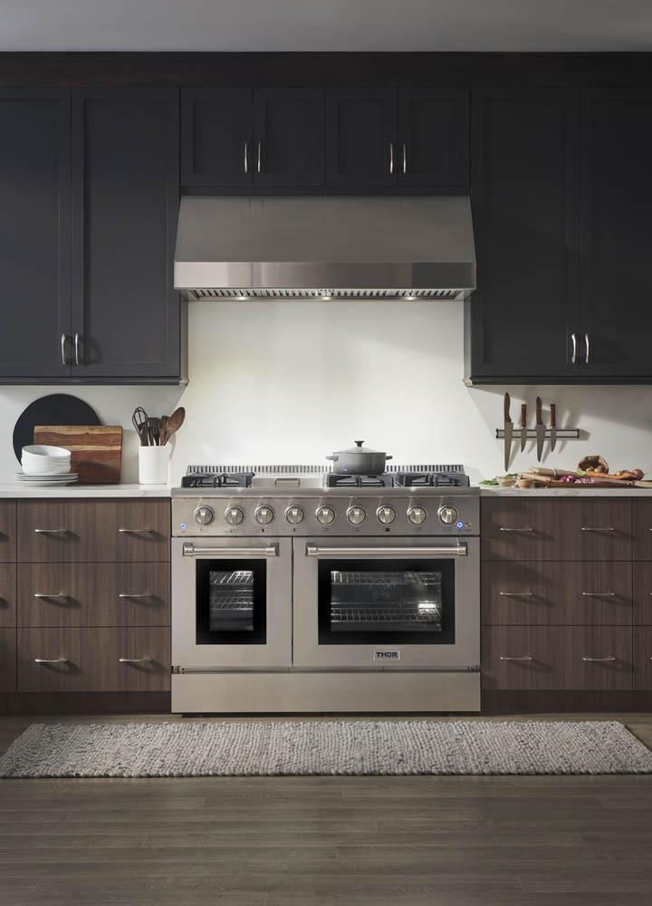 Thor Kitchen Appliance Set- 48 in. Gas Range, Range Hood, Refrigerator, Dishwasher, Microwave Drawer, Wine Cooler, AS-HRG4808U-8