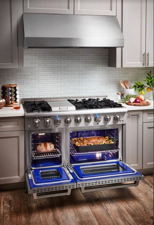 Thor Kitchen Professional Appliance Package - 48 in. Propane Gas Range, Range Hood, Refrigerator, Dishwasher, Wine Cooler, AP-HRG4808ULP-4