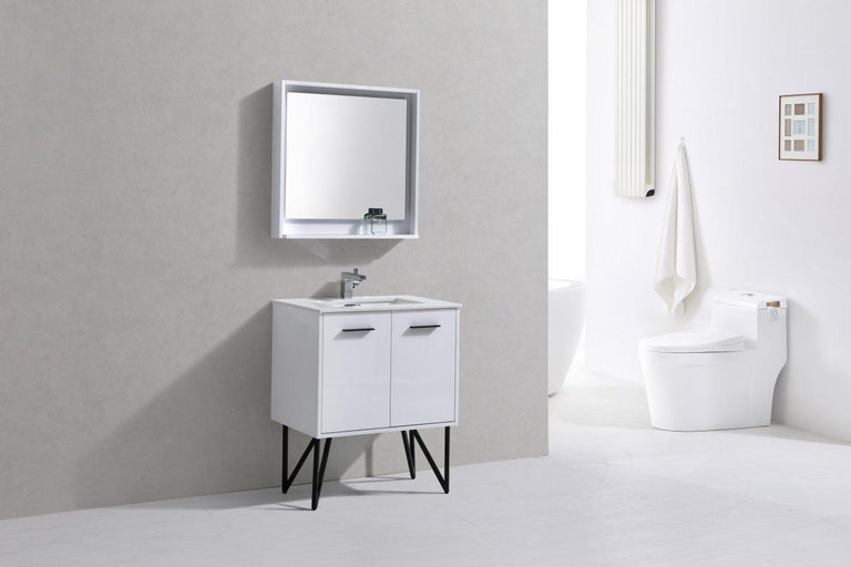 Bosco 30 in. Modern Bathroom Vanity w/ White Countertop and Matching Mirror - High Gloss White