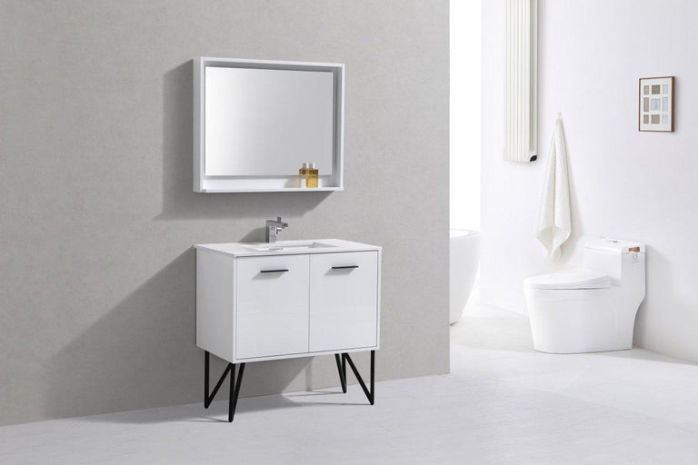 Bosco 36 in. Modern Bathroom Vanity w/ Quartz Countertop and Matching Mirror - High Gloss White