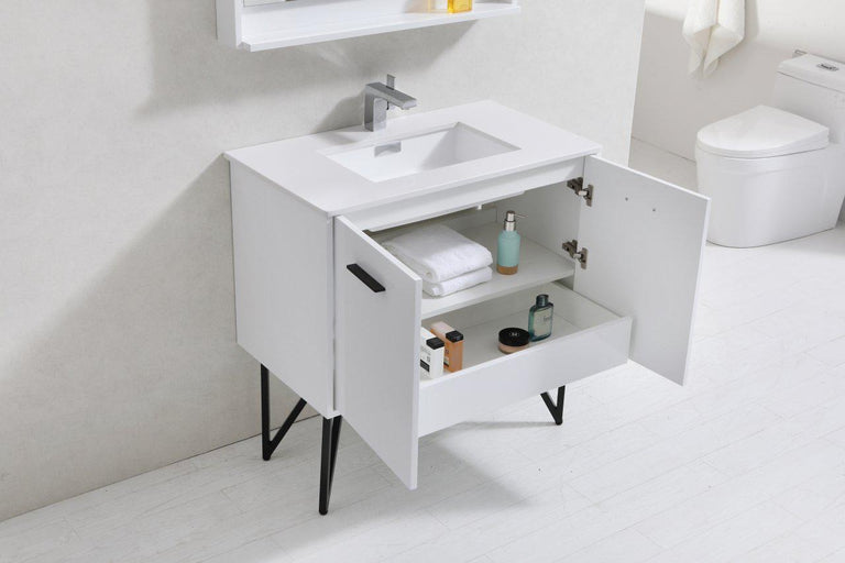 Bosco 36 in. Modern Bathroom Vanity w/ Quartz Countertop and Matching Mirror - High Gloss White