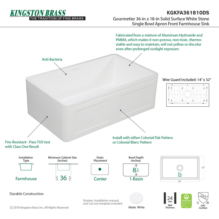 Kingston Brass 36 In. Farmhouse Kitchen Sink With Strainer And Grid, Matte White/Brushed, KGKFA361810DS