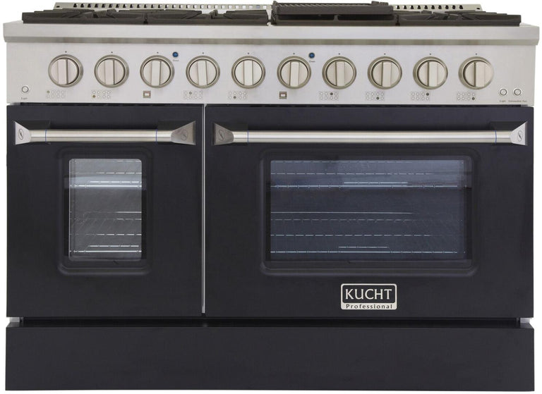 Kucht Professional 48 in. 6.7 cu ft. Propane Gas Range with Black Door and Silver Knobs, KNG481/LP-K