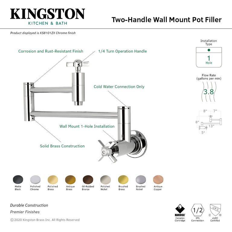 Kingston Brass Two-Handle 1-Hole Wall Mounted Pot Filler Faucet In Polished Brass, KS8102ZX
