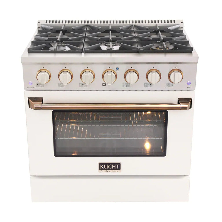 Kucht Signature 36 In. 5.2 cu ft. Propane Gas Range with White Door and Gold Accents, KNG361/LP-W-GOLD