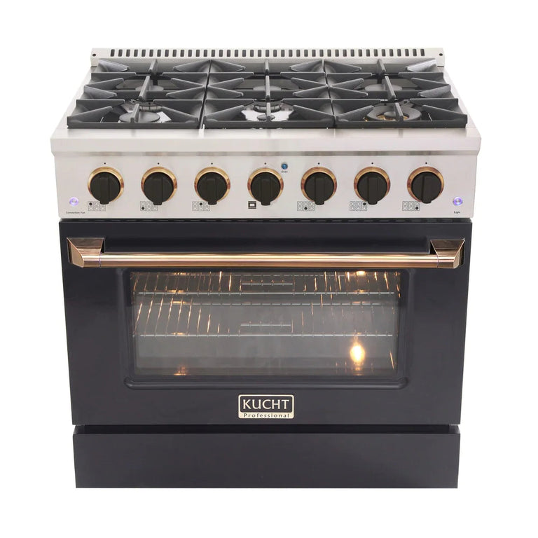 Kucht Signature 36 In. 5.2 cu ft. Propane Gas Range with Black Door and Gold Accents, KNG361/LP-K-GOLD