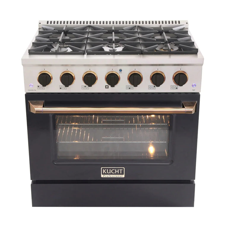 Kucht Signature 36 In. 5.2 cu ft. Natural Gas Range with Black Door and Gold Accents, KNG361-K-GOLD
