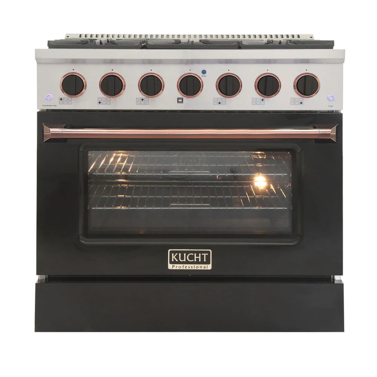 Kucht Signature 36 In. 5.2 cu ft. Propane Gas Range with Black Door and Rose Gold Accents, KNG361/LP-K-ROSE