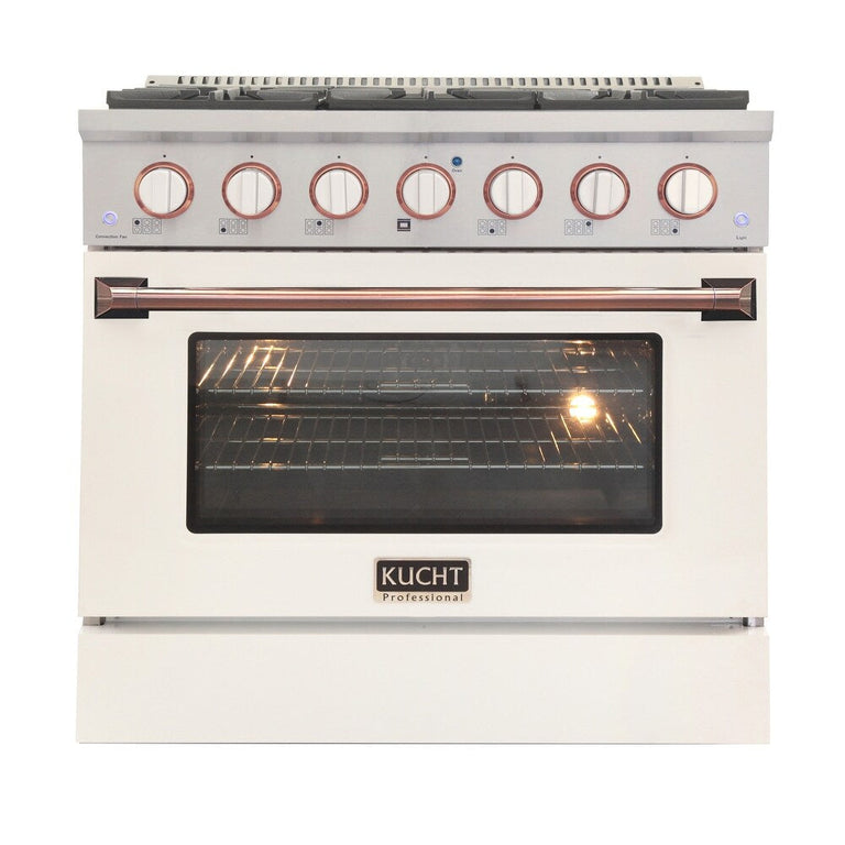 Kucht Signature 36 In. 5.2 cu ft. Propane Gas Range with White Door and Rose Gold Accents, KNG361/LP-W-ROSE