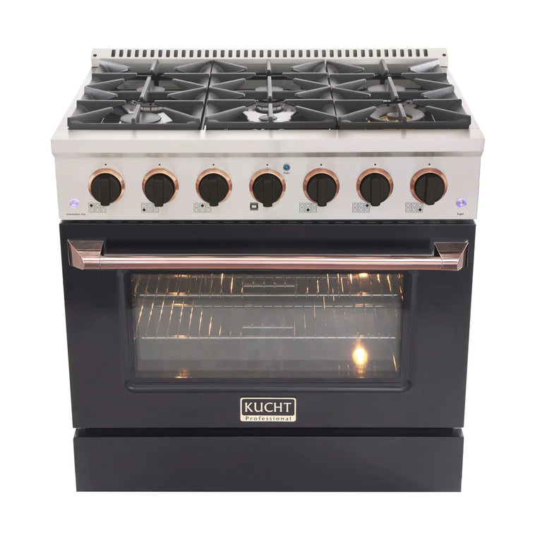 Kucht Signature 36 In. 5.2 cu ft. Natural Gas Range with Black Door and Rose Gold Accents, KNG361-K-ROSE