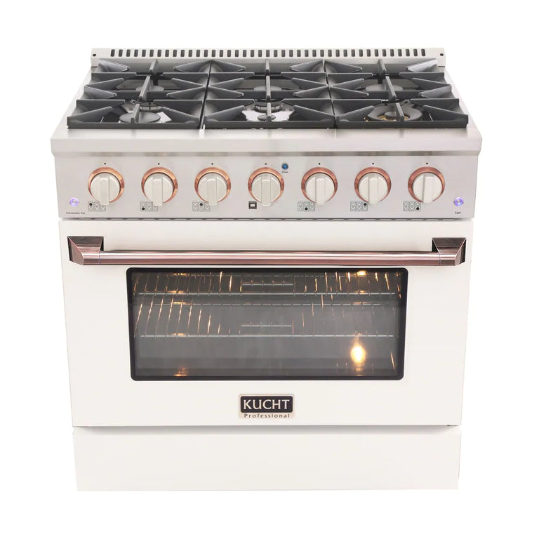 Kucht Signature 36 In. 5.2 cu ft. Natural Gas Range with White Door and Rose Gold Accents, KNG361-W-ROSE