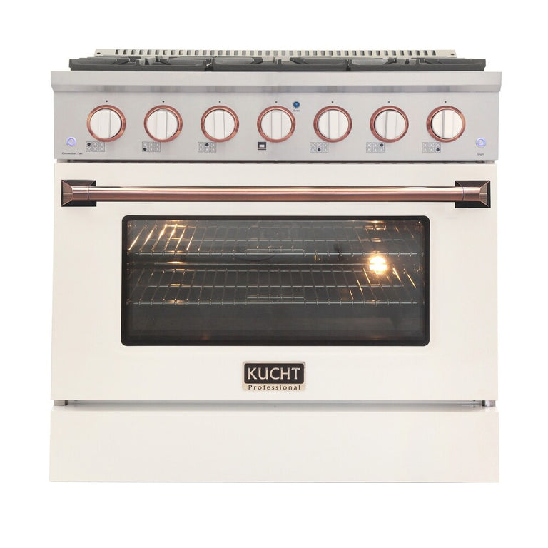 Kucht Signature 36 In. 5.2 cu ft. Natural Gas Range with White Door and Rose Gold Accents, KNG361-W-ROSE