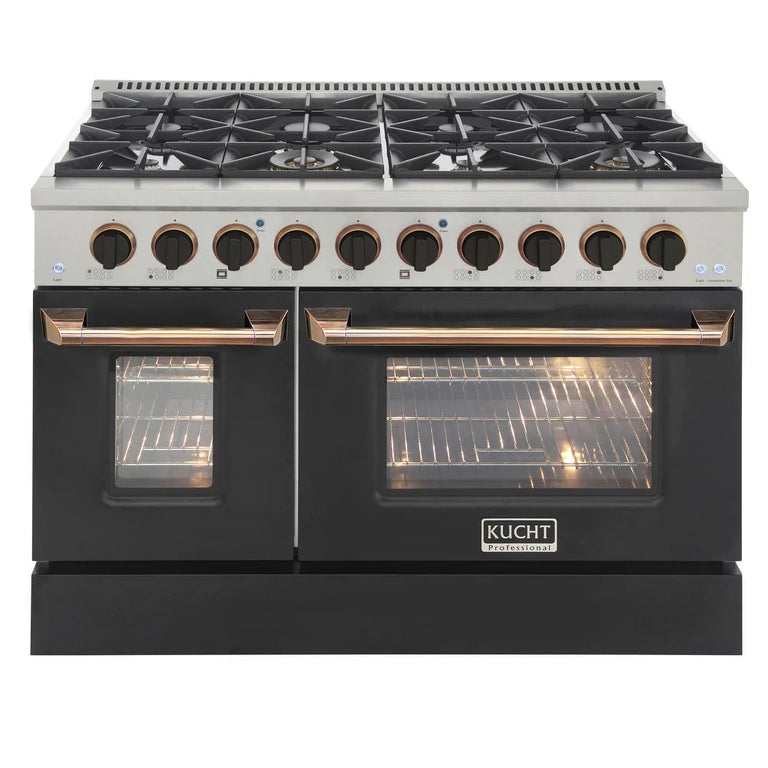 Kucht Signature 48 In. 6.7 cu ft. Propane Gas Range with Black Door and Gold Accents, KNG481/LP-K-GOLD