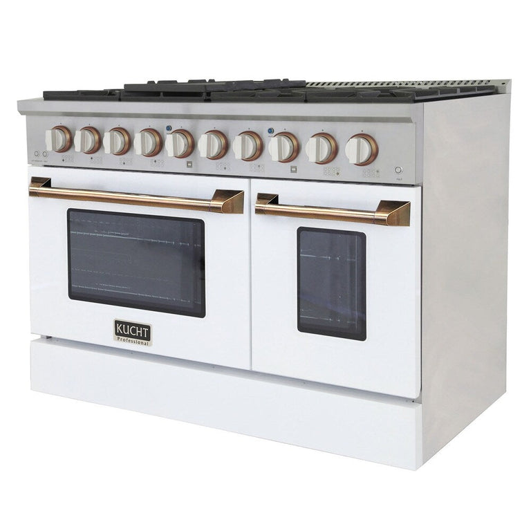 Kucht Signature 48 In. 6.7 cu ft. Propane Gas Range with White Door and Gold Accents, KNG481/LP-W-GOLD