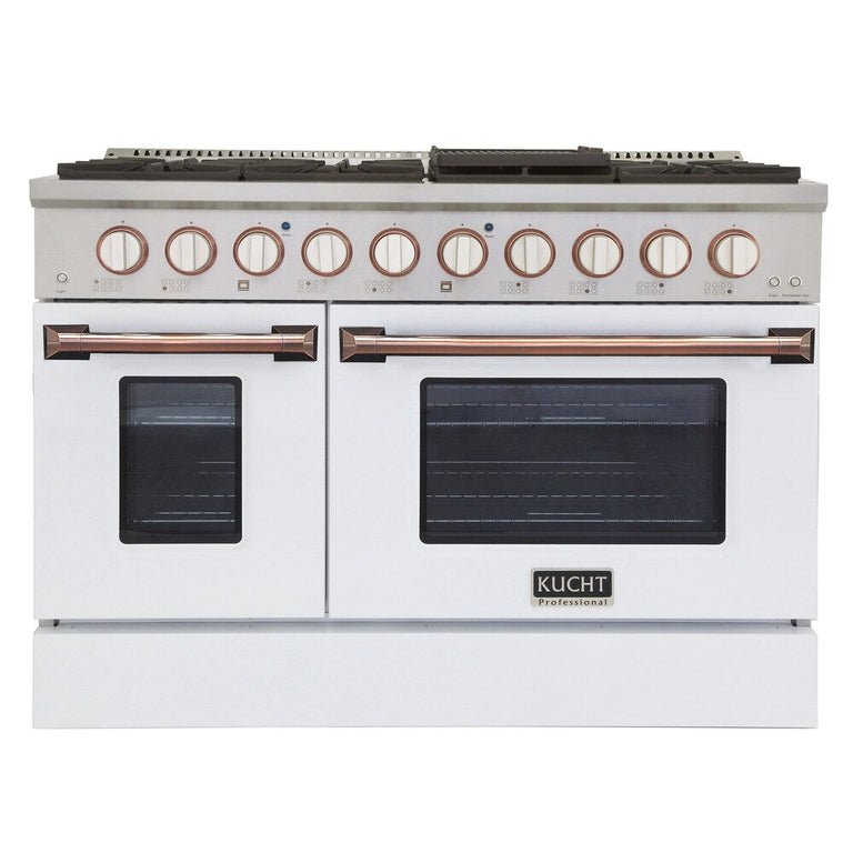 Kucht Signature 48 In. 6.7 cu ft. Propane Gas Range with White Door and Rose Gold Accents, KNG481/LP-W-ROSE