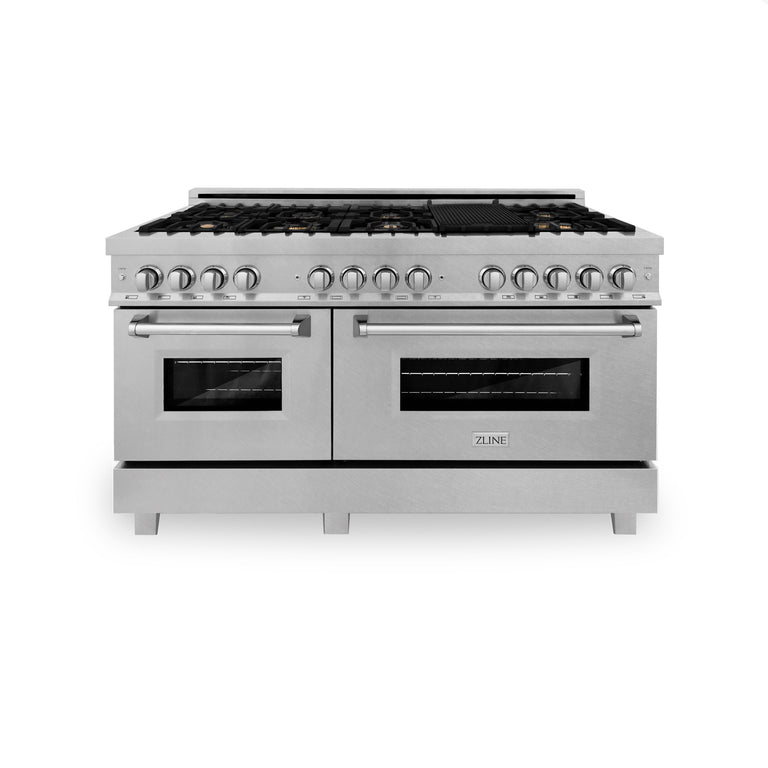 ZLINE 60 in. Professional Gas Burner, 7.6 cu. ft. Electric Oven in DuraSnow® Stainless and Brass Burner Set, RAS-SN-BR-60