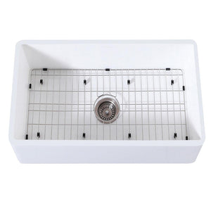 Kingston Brass 30 In. Farmhouse Kitchen Sink With Strainer And Grid, Matte White/Brushed, KGKFA301810BC