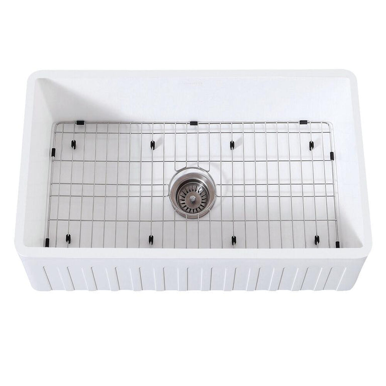Kingston Brass 30 In. Farmhouse Kitchen Sink With Strainer And Grid, Matte White/Brushed, KGKFA301810CD