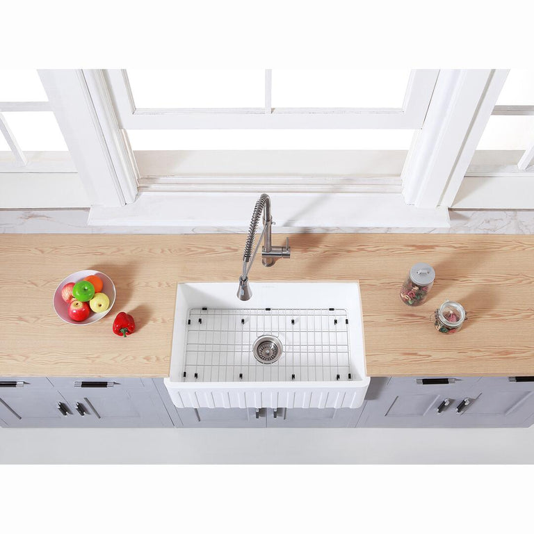 Kingston Brass 30 In. Farmhouse Kitchen Sink With Strainer And Grid, Matte White/Brushed, KGKFA301810CD