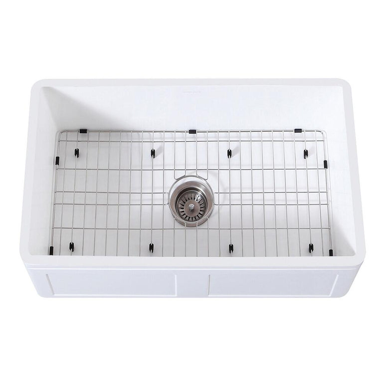 Kingston Brass 30 In. Farmhouse Kitchen Sink With Strainer And Grid, Matte White/Brushed, KGKFA301810DS