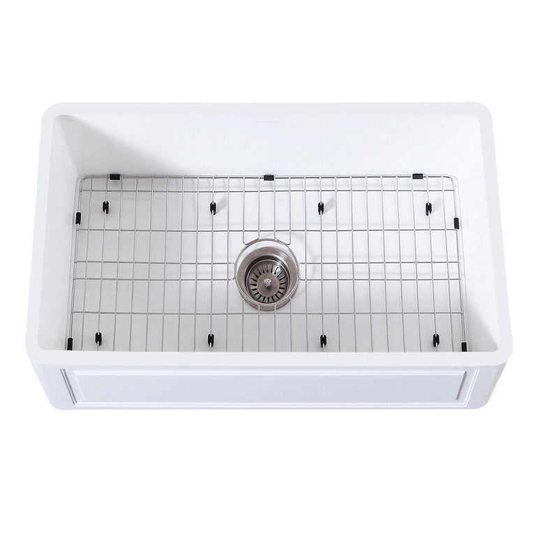 Kingston Brass 30 In. Farmhouse Kitchen Sink With Strainer And Grid, Matte White/Brushed, KGKFA301810LD