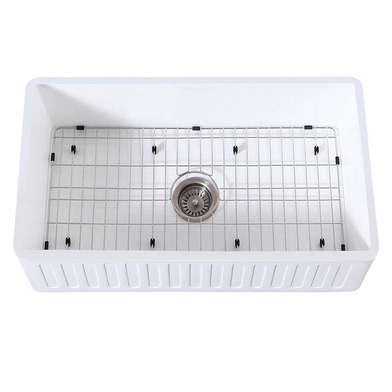 Kingston Brass 30 In. Farmhouse Kitchen Sink With Strainer And Grid, Matte White/Brushed, KGKFA301810RM