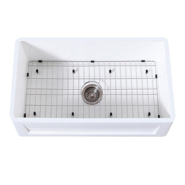 Kingston Brass 30 In. Farmhouse Kitchen Sink With Strainer And Grid, Matte White/Brushed, KGKFA301810SQ