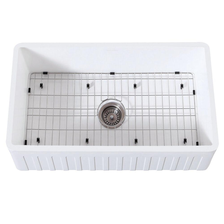 Kingston Brass 33 In. Farmhouse Kitchen Sink With Strainer And Grid, Matte White/Brushed, KGKFA331810CD
