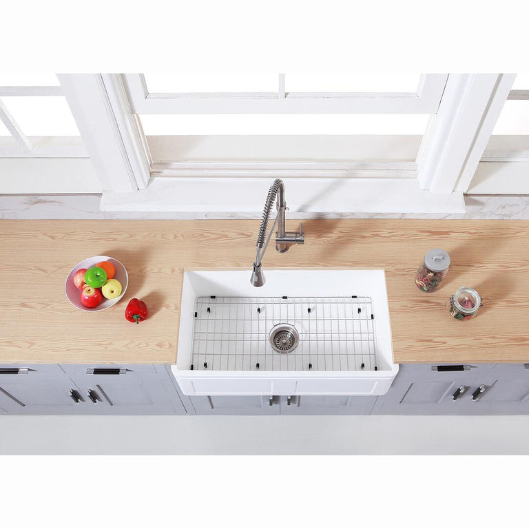 Kingston Brass 33 In. Farmhouse Kitchen Sink With Strainer And Grid, Matte White, KGKFA331810DS