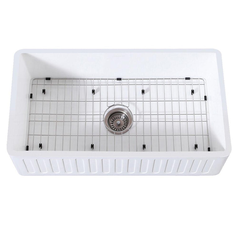 Kingston Brass 33 In. Farmhouse Kitchen Sink With Strainer And Grid, Matte White/Brushed, KGKFA331810RM