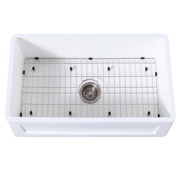 Kingston Brass 33 In Farmhouse Kitchen Sink With Strainer And Grid, Matte White/Brushed, KGKFA331810SQ