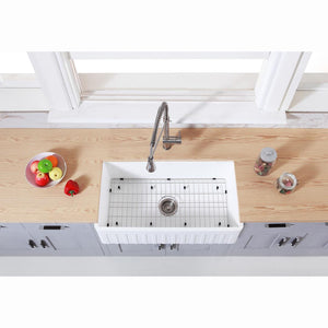Kingston Brass 36 In. Farmhouse Kitchen Sink With Strainer And Grid, Matte White/Brushed, KGKFA361810CD