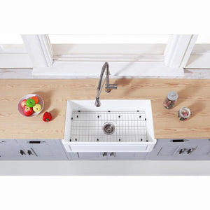 Kingston Brass 36 In. Farmhouse Kitchen Sink With Strainer And Grid, Matte White/Brushed, KGKFA361810LD