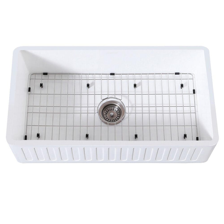 Kingston Brass 36 In. Farmhouse Kitchen Sink With Strainer And Grid, Matte White, KGKFA361810RM