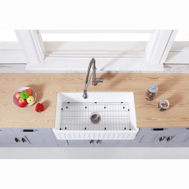 Kingston Brass 36 In. Farmhouse Kitchen Sink With Strainer And Grid, Matte White, KGKFA361810RM
