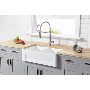 Kingston Brass 36 In. Double Bowl Farmhouse Kitchen Sink, Matte White, GKFA361810SQD